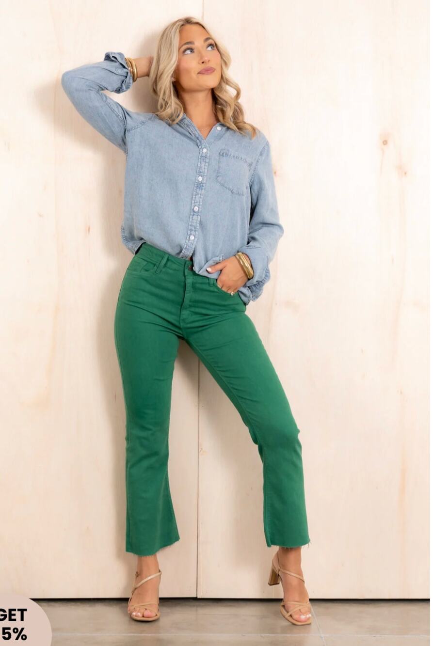 Just Black Denim Green High Rise Crop Straight Leg Jeans Raw Hem Women’s 30
